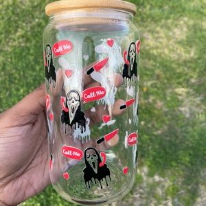 Ghost face call me glass can cup with bamboo lid and straw